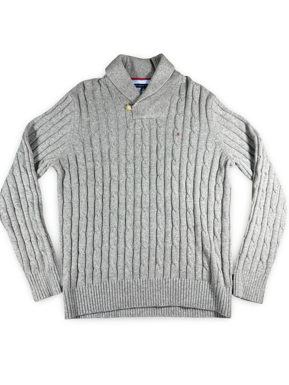 Tommy Hilfiger Heather Grey Men's XL Wool Shawl Collar Cable Knit Sweater